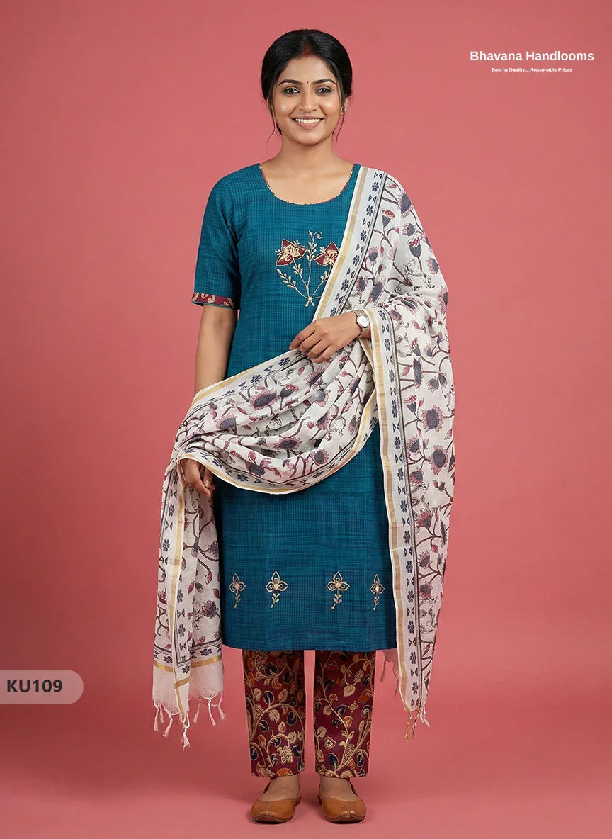 Embroidered Kurti Set (3PC) with Sea Blue | Full Length Lining | Traditional Style