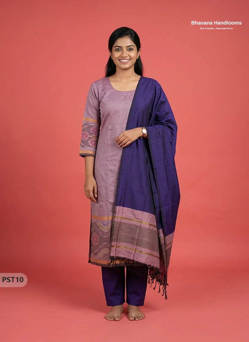 Pochampally Semi Pattu 3PC Kurti Set in Pastel Purple Colour | Ready-to-Wear Ethnic Wear