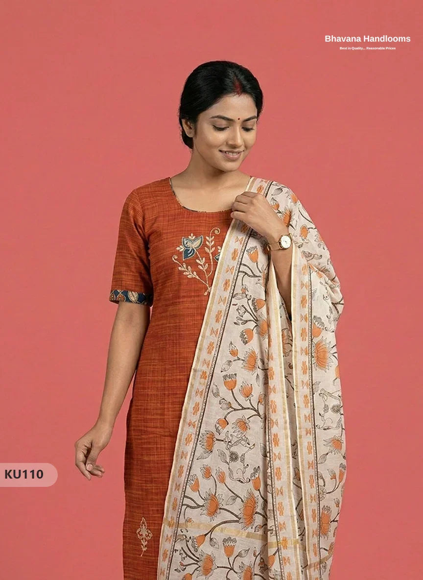 Embroidered Kurti Set (3PC) with Orange | Full Length Lining | Traditional Style