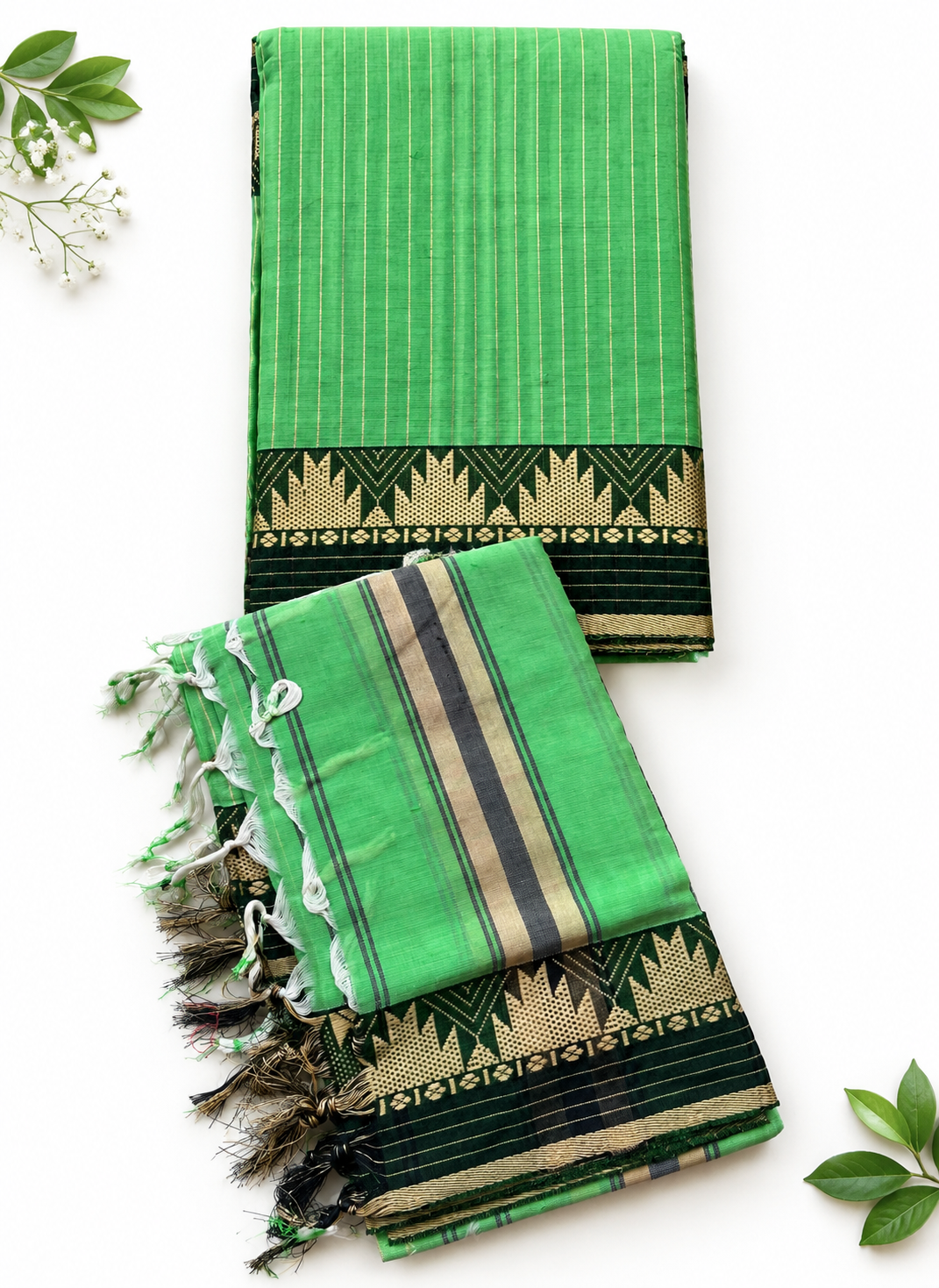 Traditional Wear Narayanpet Mercerised Cotton Dress Material with Parrot Green Colour | Woven Border