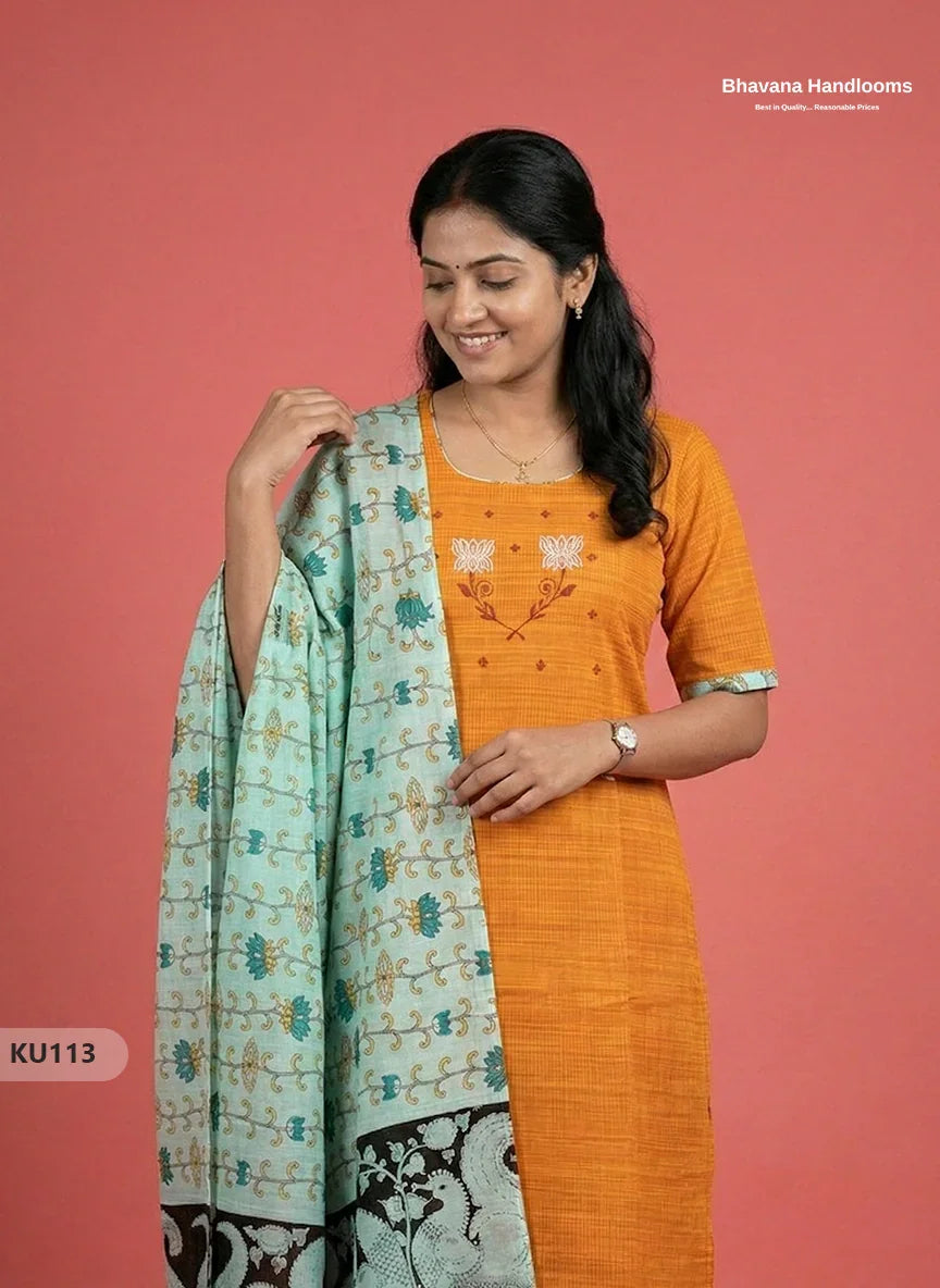 Embroidered Kurti Set (3PC) with Yellow | Full Length Lining | Traditional Style