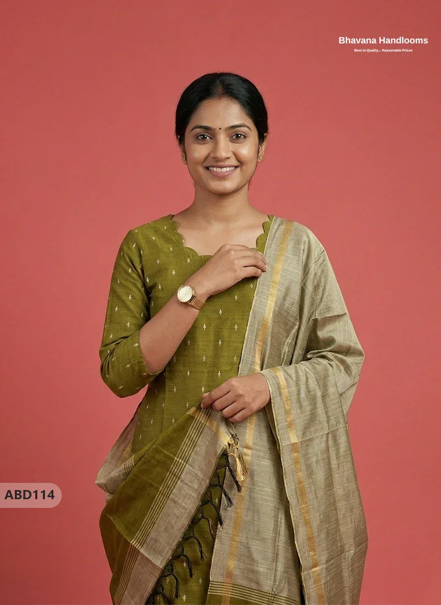 Raw Silk 3-Piece Kurti Set with Cut Work Neck Design in Green Colour | Full-Length Lined Kurti with Gold Dupatta