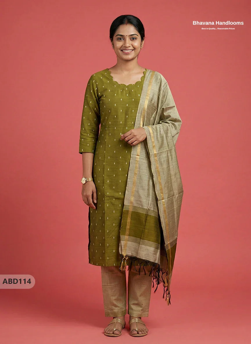 Raw Silk 3-Piece Kurti Set with Cut Work Neck Design in Green Colour | Full-Length Lined Kurti with Gold Dupatta