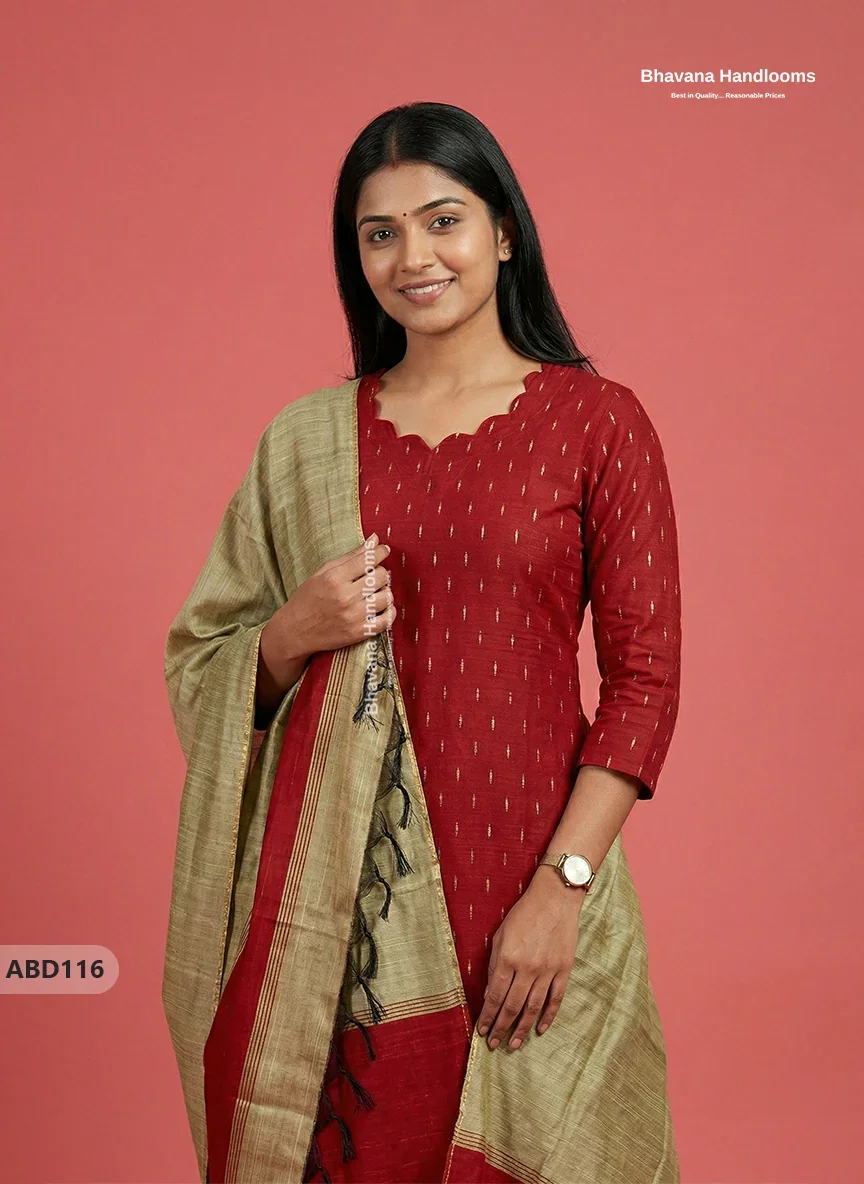 Raw Silk 3-Piece Kurti Set with Cut Work Neck Design in Red Colour | Full-Length Lined Kurti with Gold Dupatta