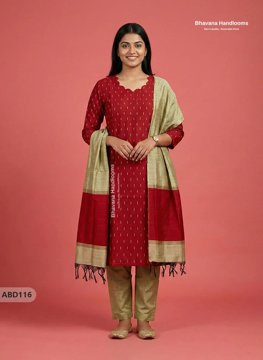 Raw Silk 3-Piece Kurti Set with Cut Work Neck Design in Red Colour | Full-Length Lined Kurti with Gold Dupatta