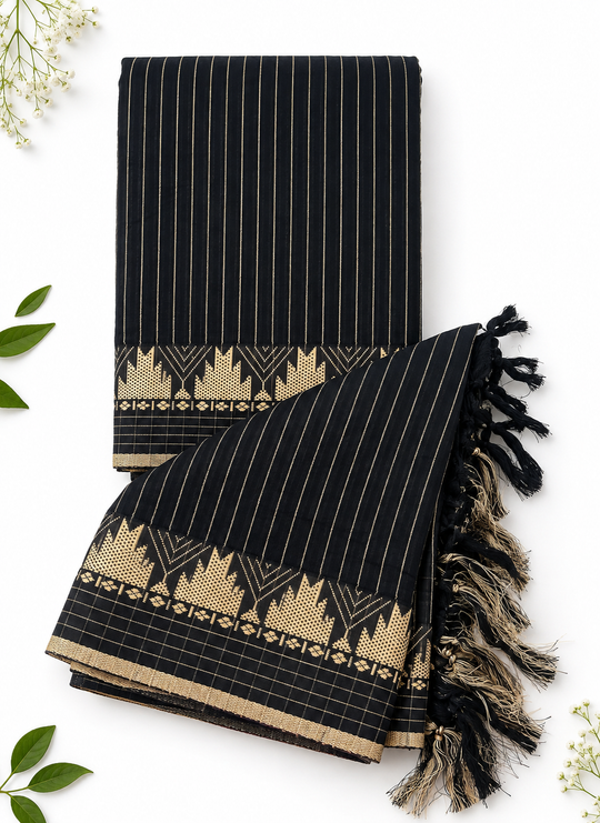 Traditional Narayanpet Mercerised Cotton Dress Material in Black | Gold Woven Border