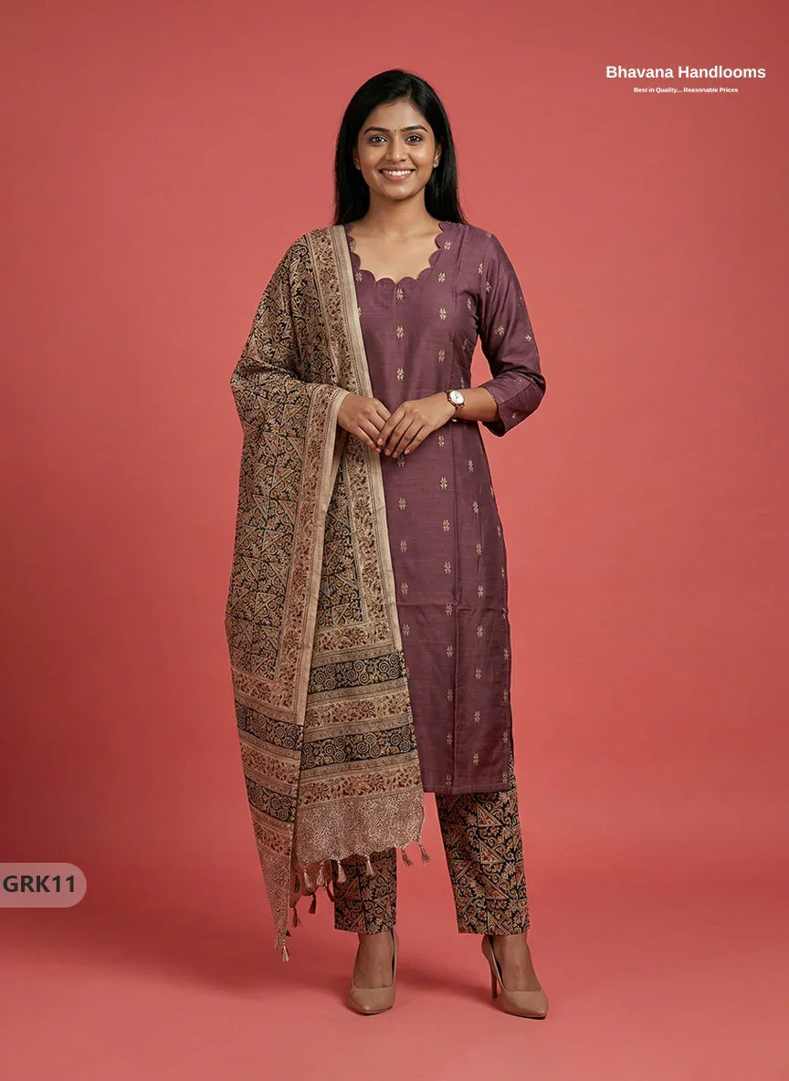 Raw Silk 3PC Kurti Set with Kalamkari Dupatta & Elastic Bottom in Dark Onion Pink Colour | Ethnic Wear