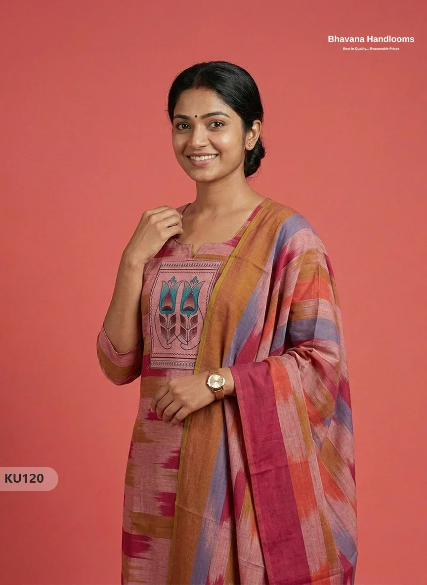 Ikkath 3pc kurti set with Patch in Pink | Ready-to-wear | Full Length linning