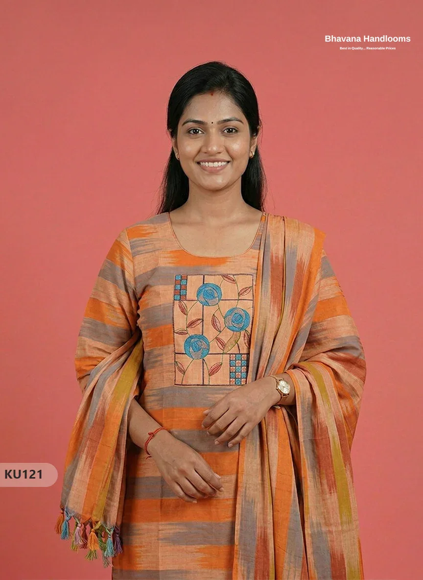 Ikkath 3pc kurti set with Patch in Orange | Ready-to-wear | Full Length linning