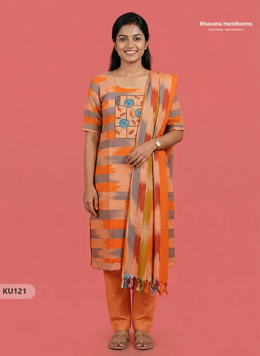 Ikkath 3pc kurti set with Patch in Orange | Ready-to-wear | Full Length linning
