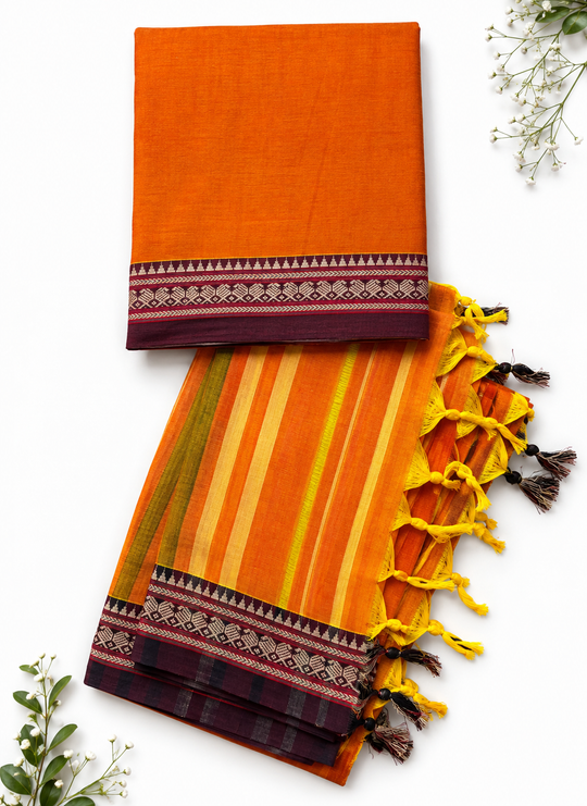 Traditional Wear Narayanpet Mercerised Cotton Dress Material with Orange Colour | Woven Border