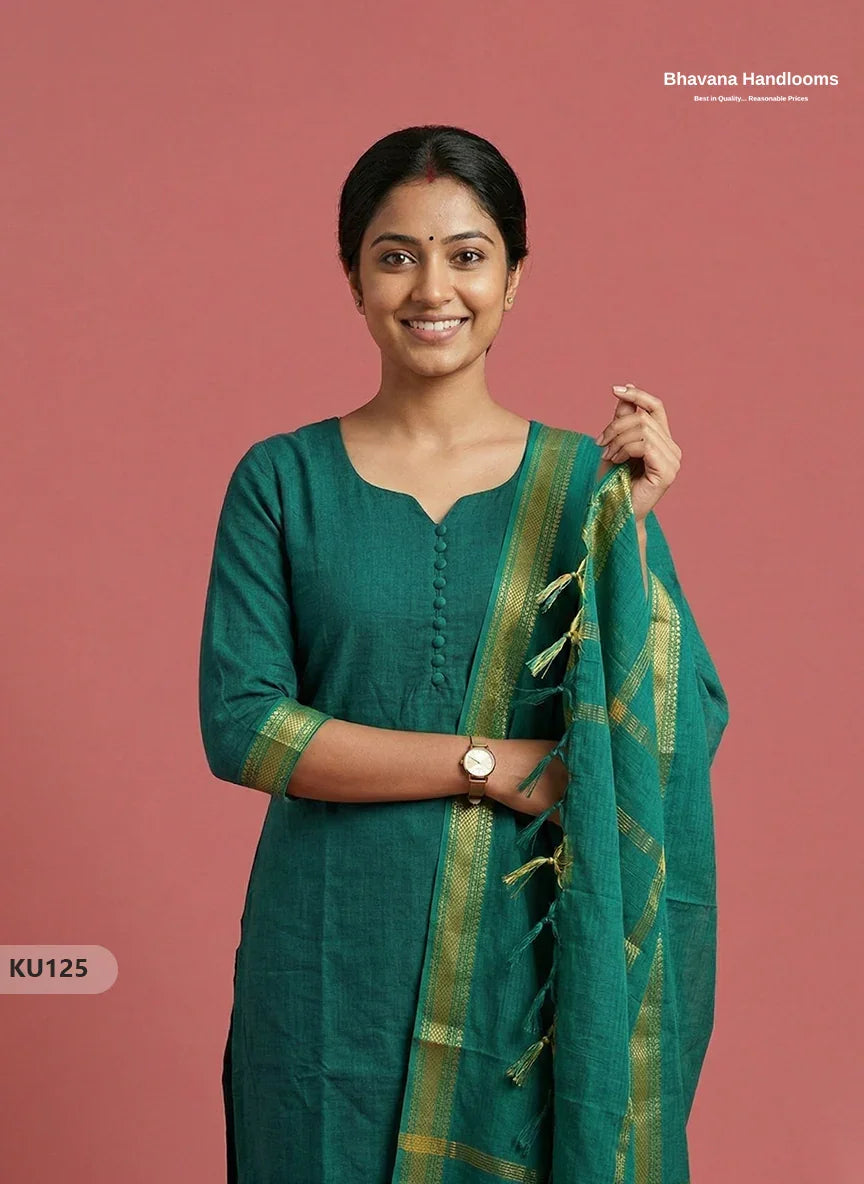 Mangalagiri Cotton 3PC Kurti Set in Dark Green Colour with Full Lining