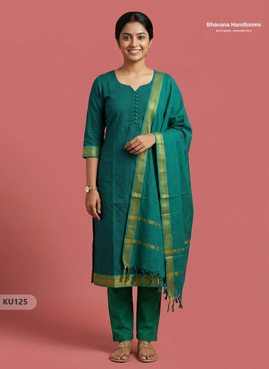 Mangalagiri Cotton 3PC Kurti Set in Dark Green Colour with Full Lining