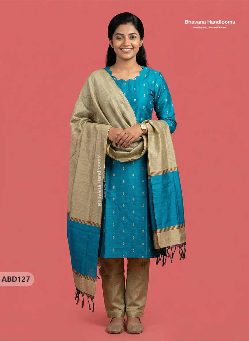 Raw Silk 3-Piece Kurti Set with Cut Work Neck Design in Sky Blue Colour | Full-Length Lined Kurti with Gold Dupatta
