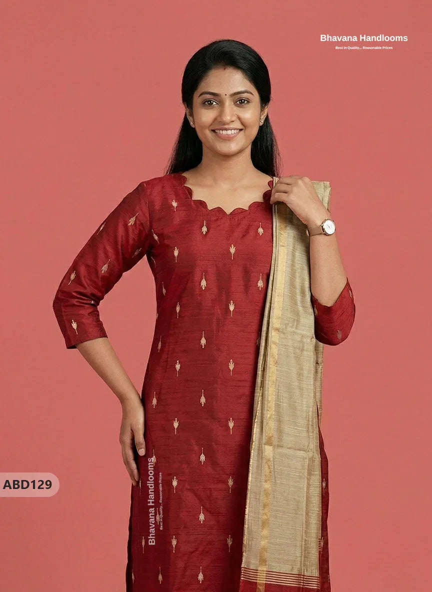 Raw Silk 3-Piece Kurti Set with Cut Work Neck Design in Red Colour | Full-Length Lined Kurti with Gold Dupatta