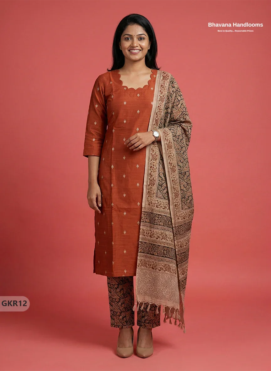 Raw Silk 3PC Kurti Set with Kalamkari Dupatta & Elastic Bottom in Orange Colour | Ethnic Wear