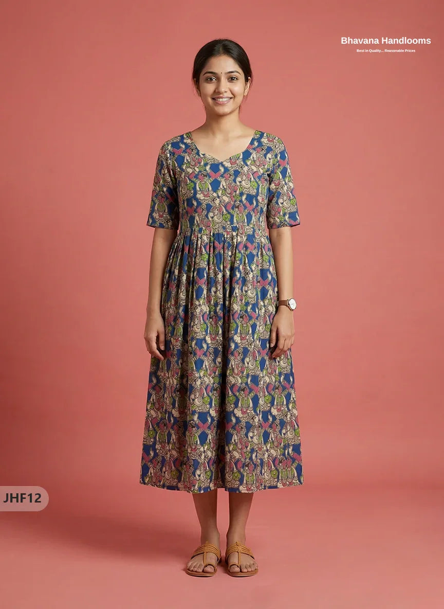 Kalamkari Design Frock – Blue Colour | Handloom Ethnic Wear with Half Lining