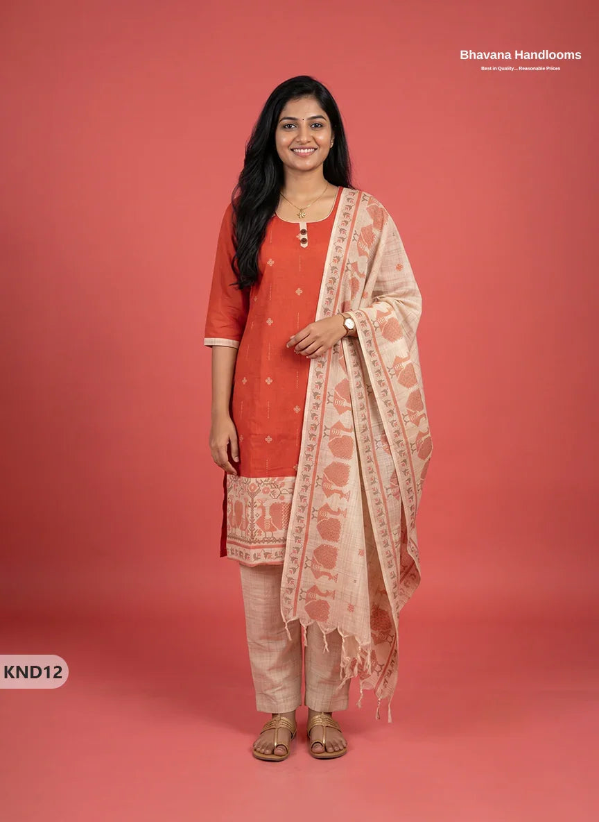 Designer Printed Cotton Floral 3PC Kurti Set in Tomato Red Colour | Full-Length Lining | Ready-to-Wear