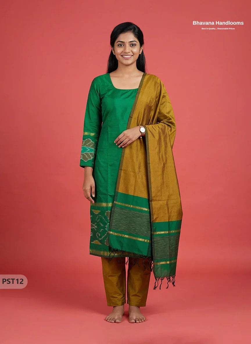 Pochampally Semi Pattu 3PC Kurti Set in Parrot Green Colour | Ready-to-Wear Ethnic Wear