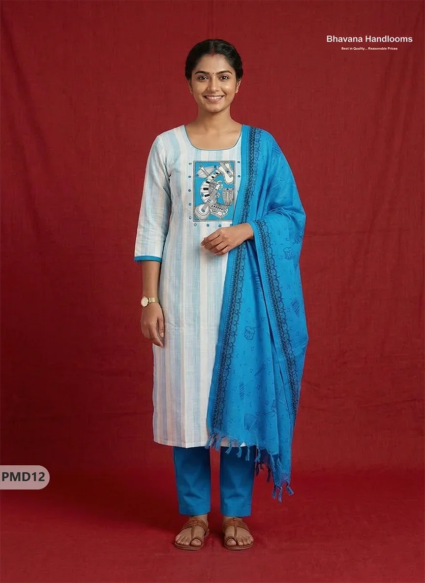 Stylish Cotton 3PC Kurti Set with Sky Blue & Off-White Stripes, Musical Panel Design | Blue Dupatta