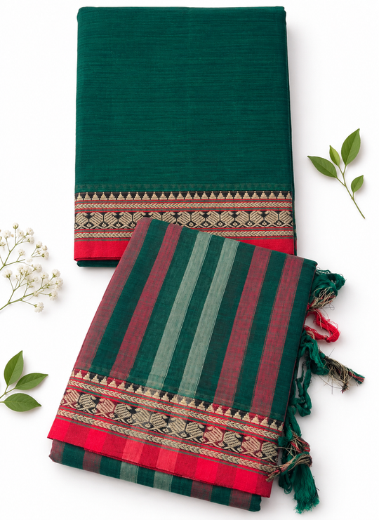 Traditional Narayanpet Mercerised Cotton Dress Material in Dark Teal Green | Red Woven Border