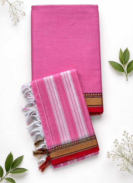 Traditional Wear Narayanpet Mercerised Cotton Dress Material with Rose Pink Colour | Woven Border