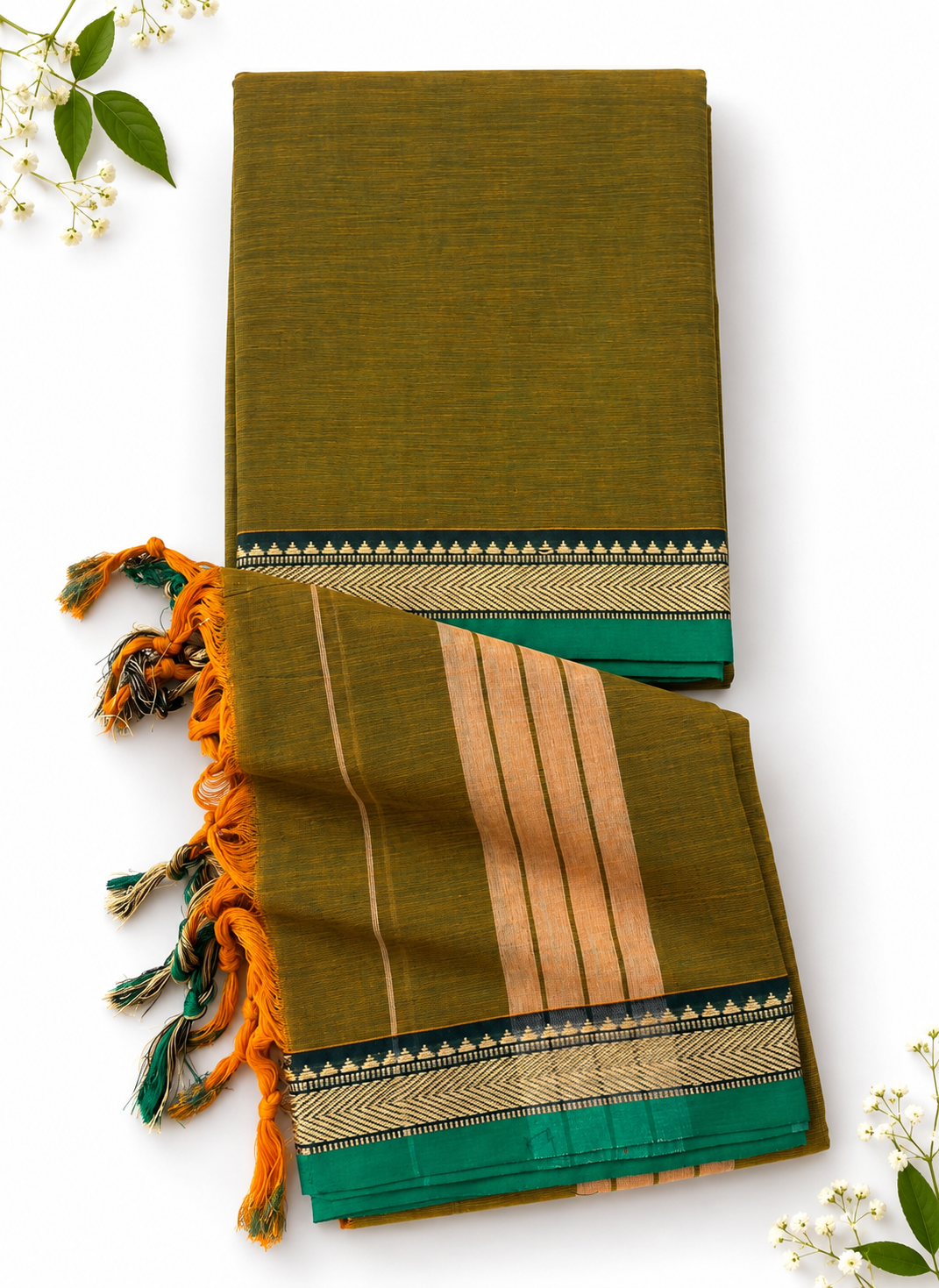 Traditional Narayanpet Mercerised Cotton Dress Material in Olive Green | Teal Green Woven Border