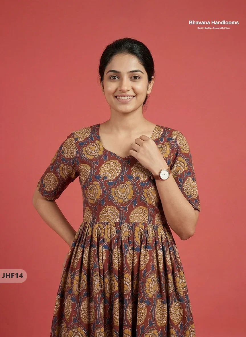 Kalamkari Design Frock – Red Colour | Handloom Ethnic Wear with Half Lining