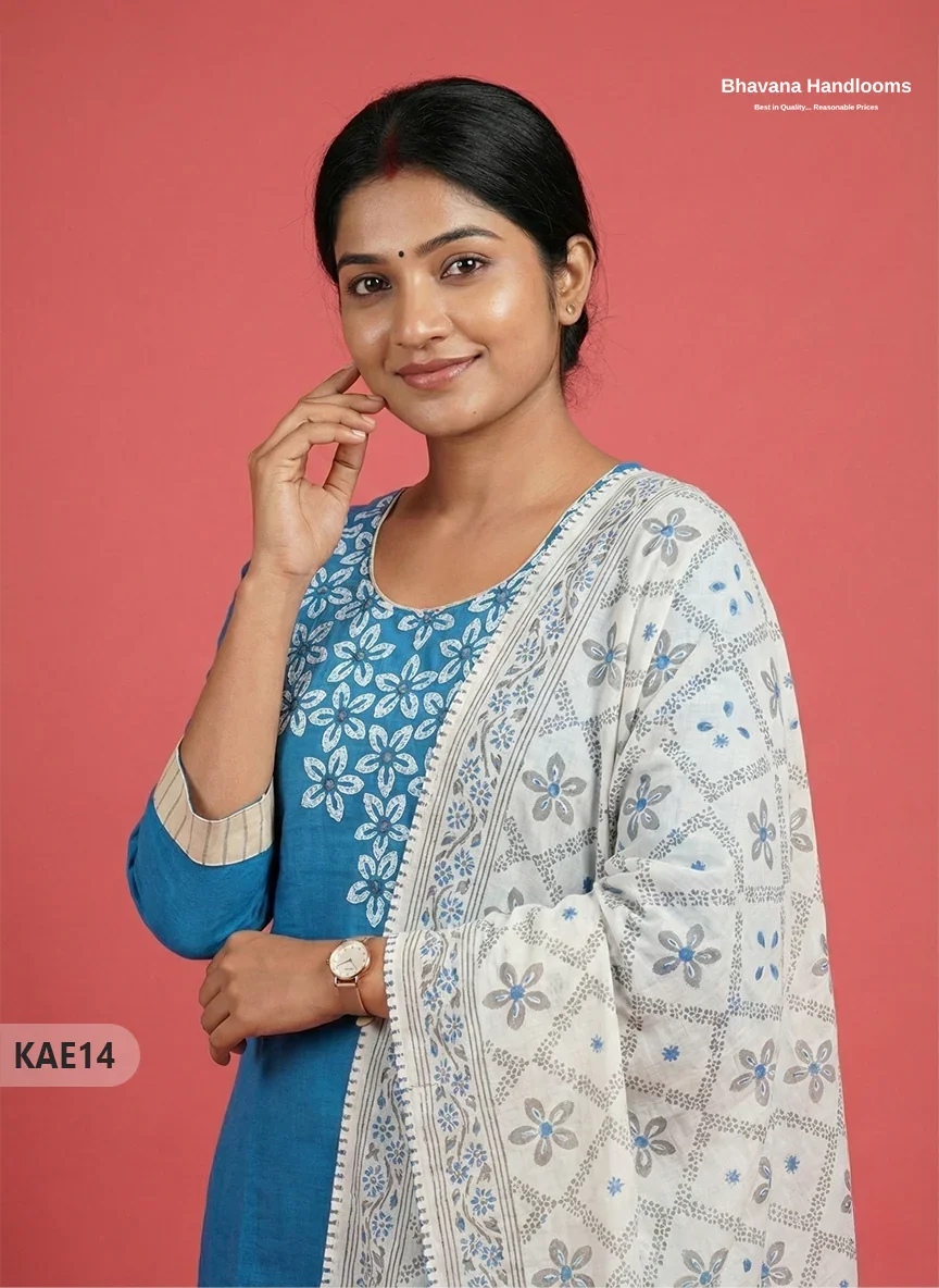 Readymade Cotton Kurti Set in Sky Blue with Mirror Finishing Design