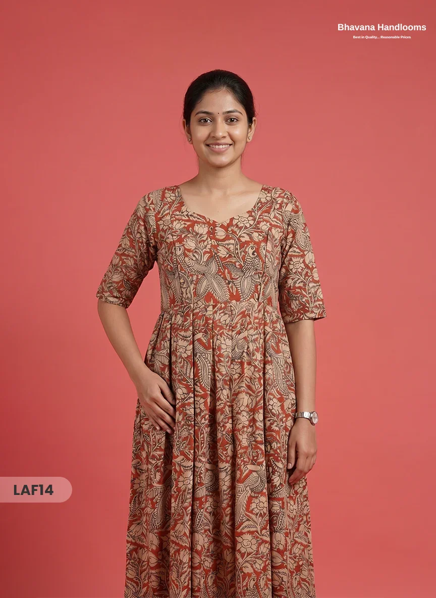 Feeding Frock with Kalamkari Design β Orange Color | Invisible Zips | Half Lining Maternity Wear