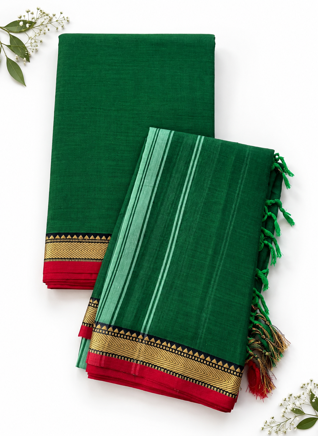 Traditional Narayanpet Mercerised Cotton Dress Material in Dark Green & Red | Black Woven Border