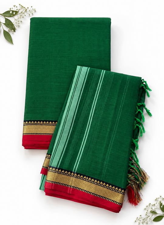 Traditional Narayanpet Mercerised Cotton Dress Material in Dark Green & Red | Black Woven Border