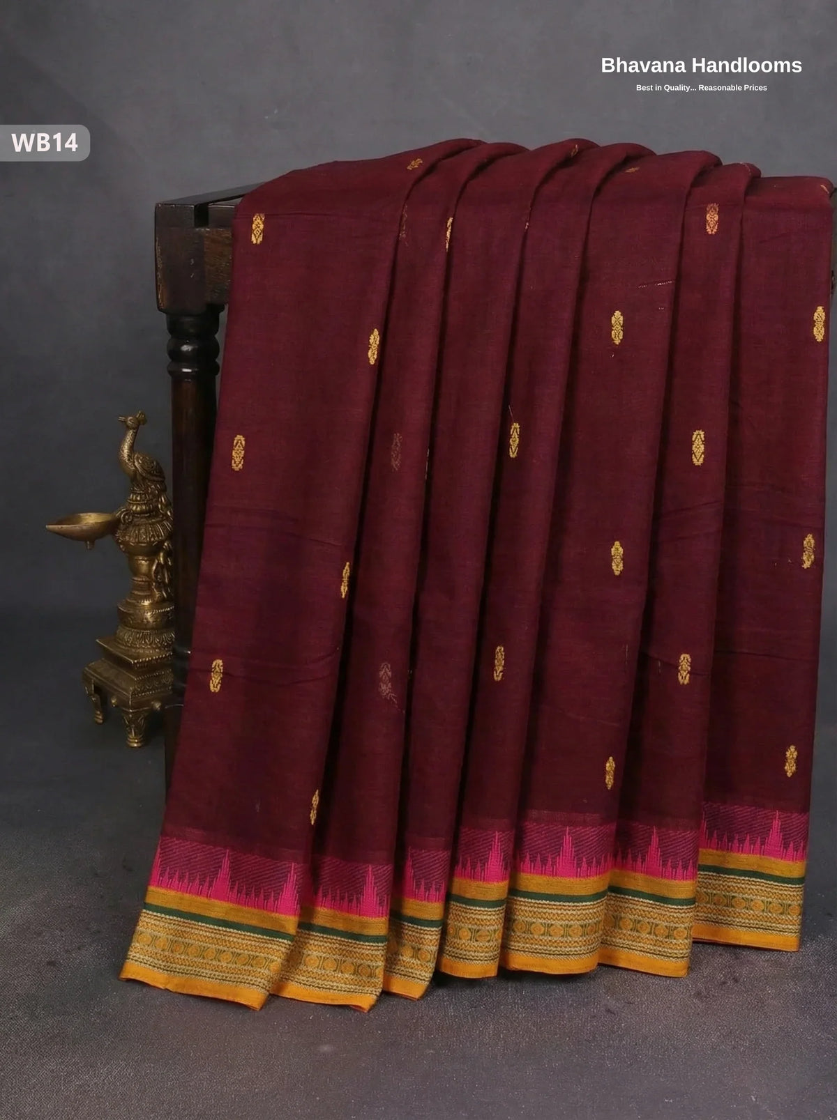 Authentic Kanchi Cotton Handloom Saree – Maroon Colour (Without Blouse)
