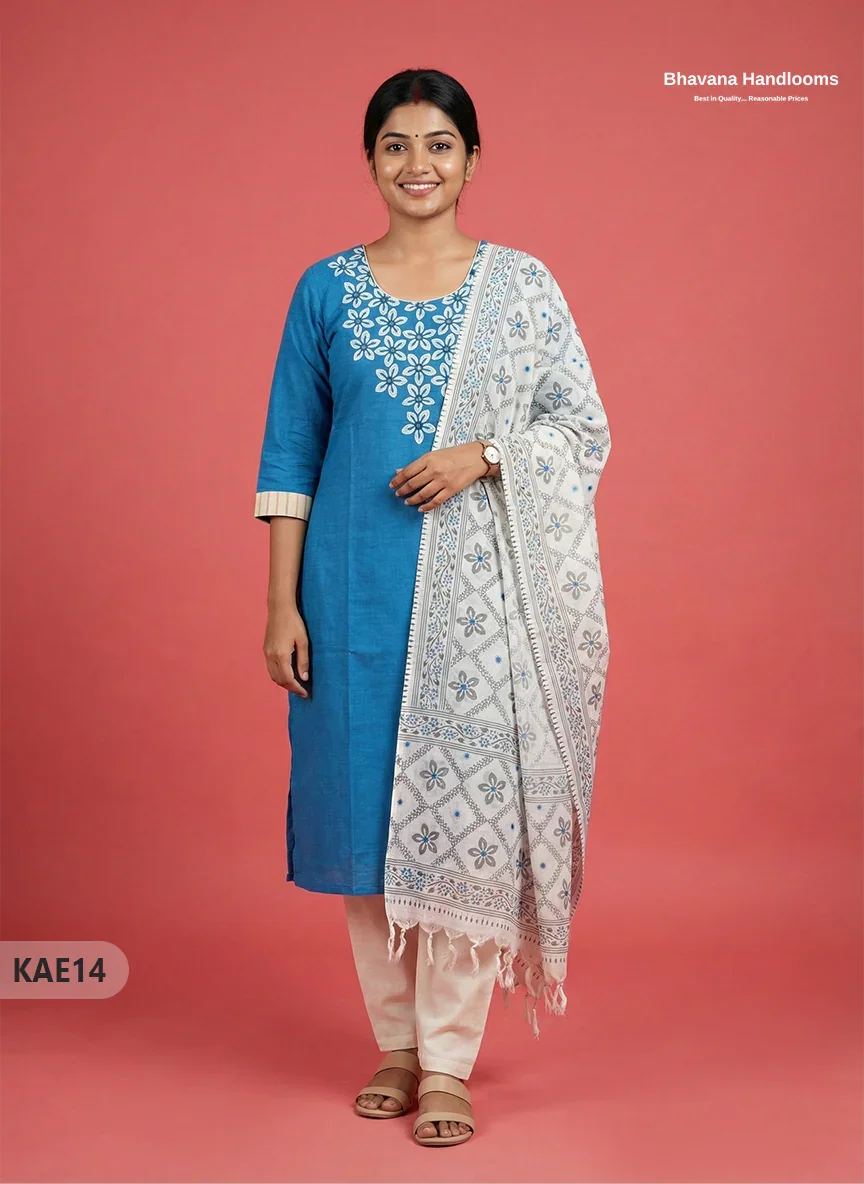 Readymade Cotton Kurti Set in Sky Blue with Mirror Finishing Design