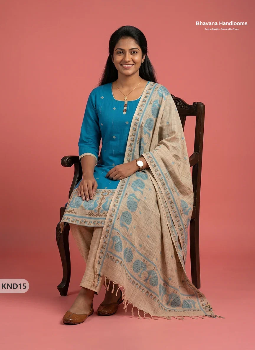 Designer Printed Cotton Floral 3PC Kurti Set in Peacock Blue Colour | Full-Length Lining | Ready-to-Wear
