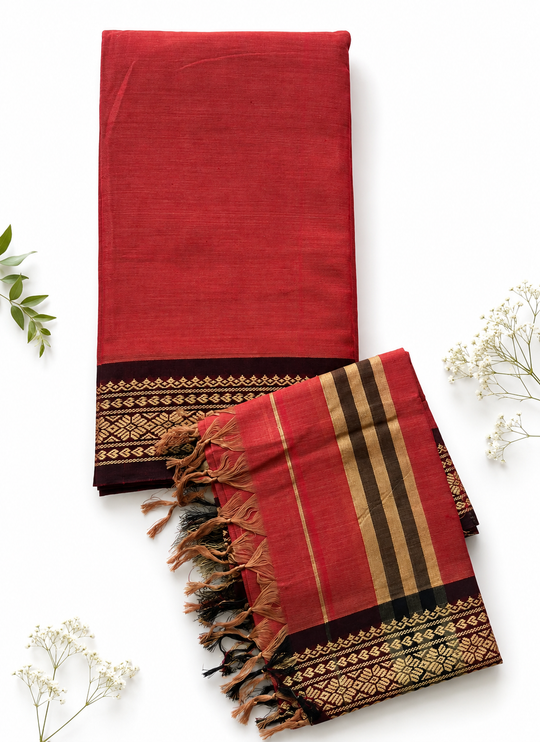 Traditional Wear Narayanpet Mercerised Cotton Dress Material with Brick Red Colour | Woven Border