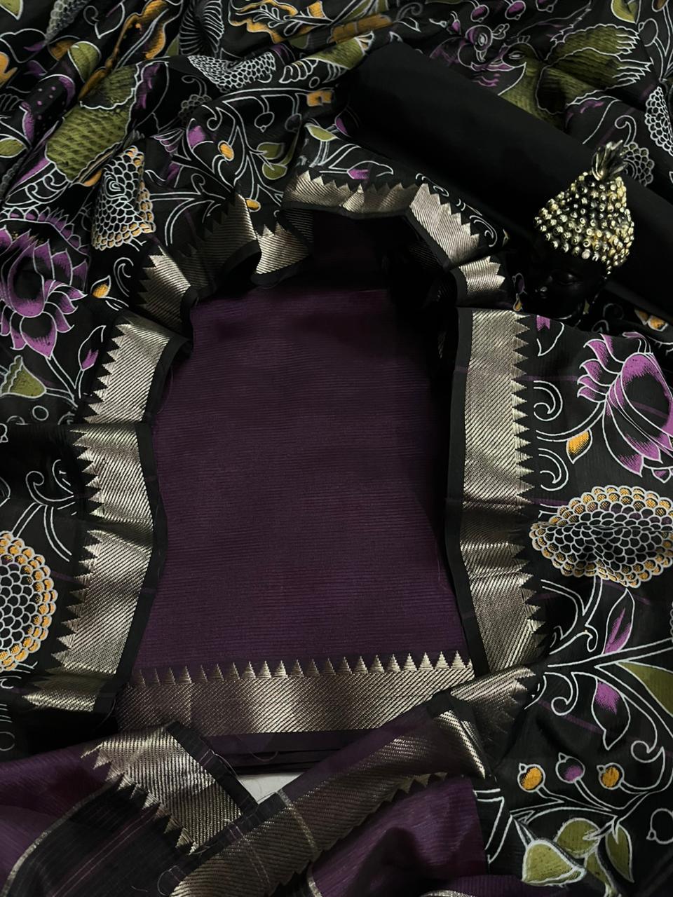Mangalagiri Semi Pattu Dress Material with Zari Border – Dark Wine Colour