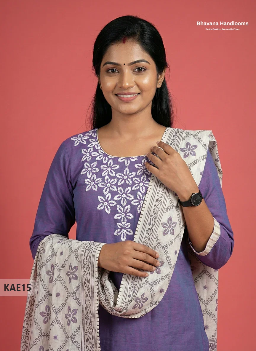 Readymade Cotton Kurti Set in Purple with Mirror Finishing Design