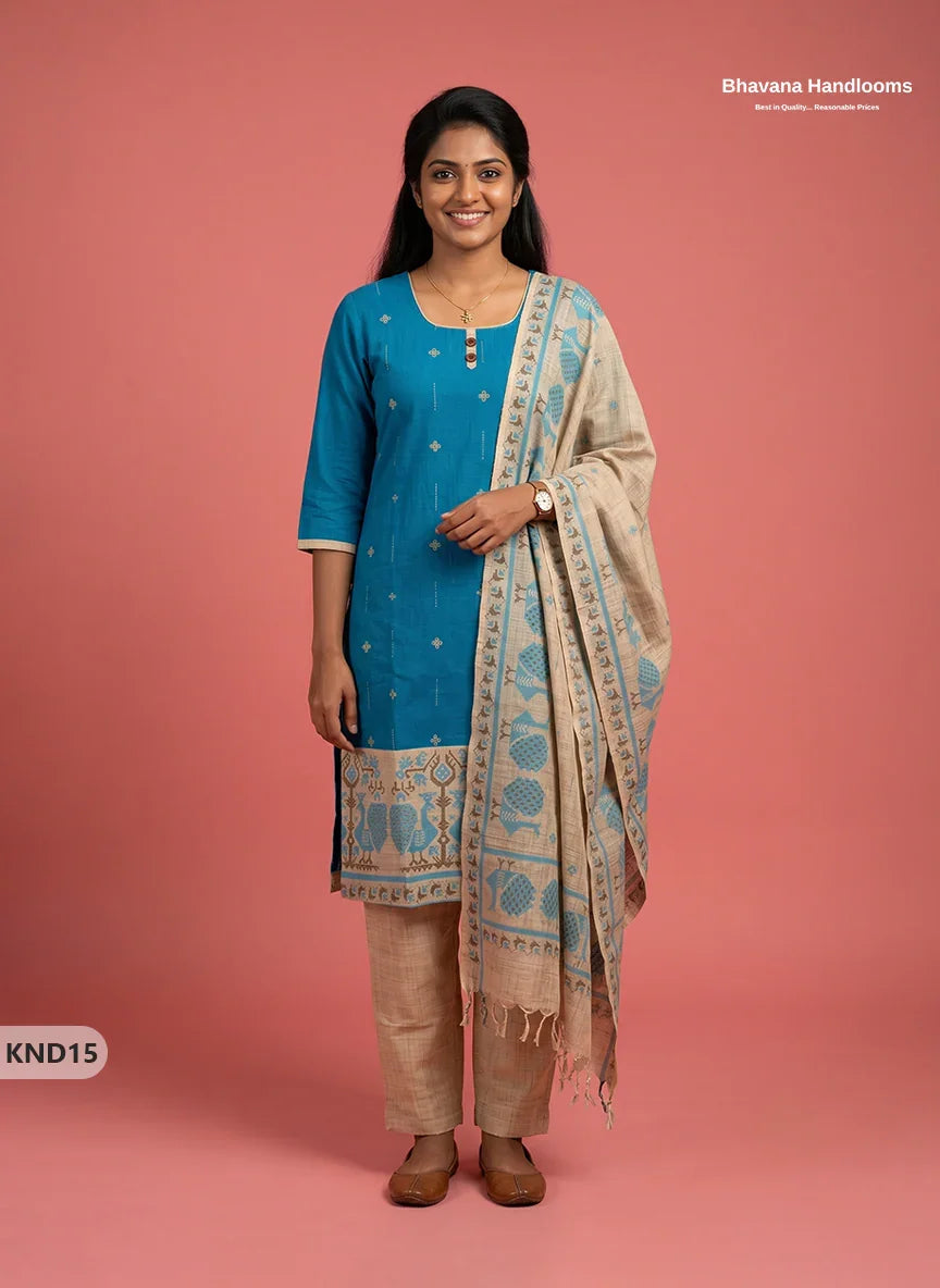 Designer Printed Cotton Floral 3PC Kurti Set in Peacock Blue Colour | Full-Length Lining | Ready-to-Wear