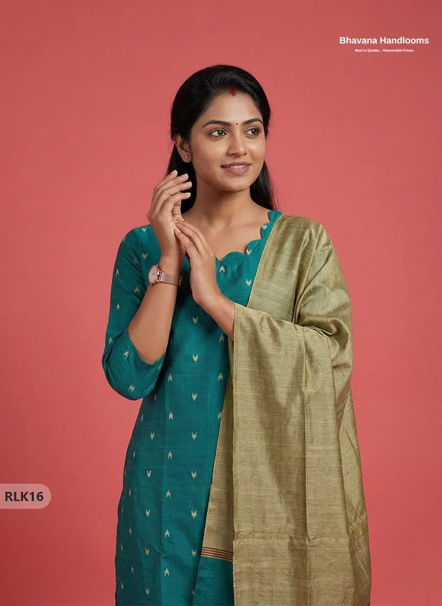 Raw Silk 2PC Set in Green Colour | Top & Dupatta Only Ethnic Wear
