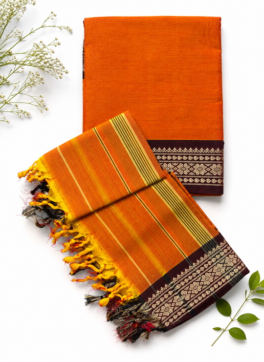 Traditional Wear Narayanpet Mercerised Cotton Dress Material with Orange Colour | Woven Border