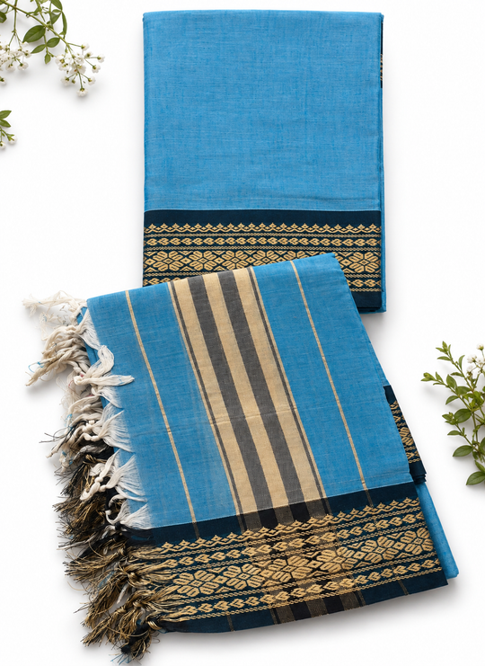 Traditional Wear Narayanpet Mercerised Cotton Dress Material with Sky Blue Colour | Woven Border