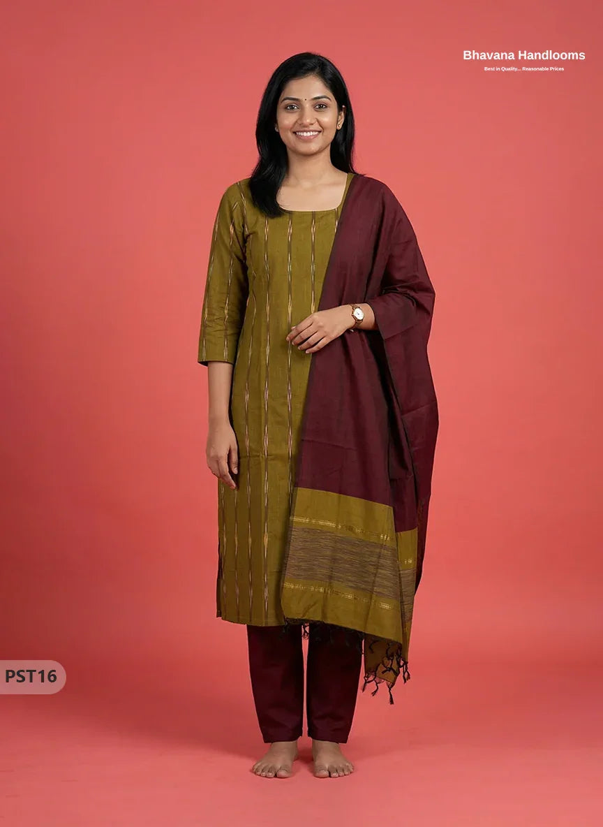 Pochampally Semi Pattu 3PC Kurti Set in Pesara Green Colour | Ready-to-Wear Ethnic Wear