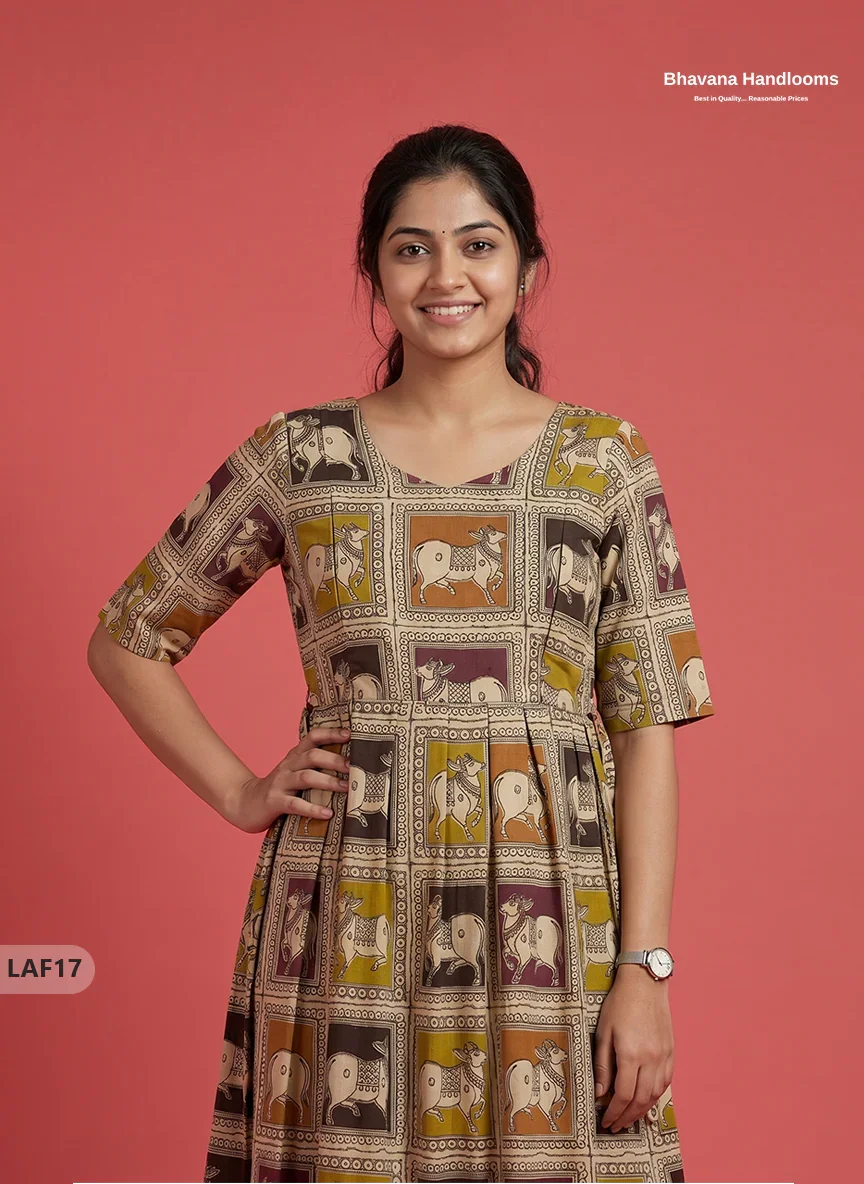 Feeding Frock with Kalamkari Design β Beige Color | Invisible Zips | Half Lining Maternity Wear