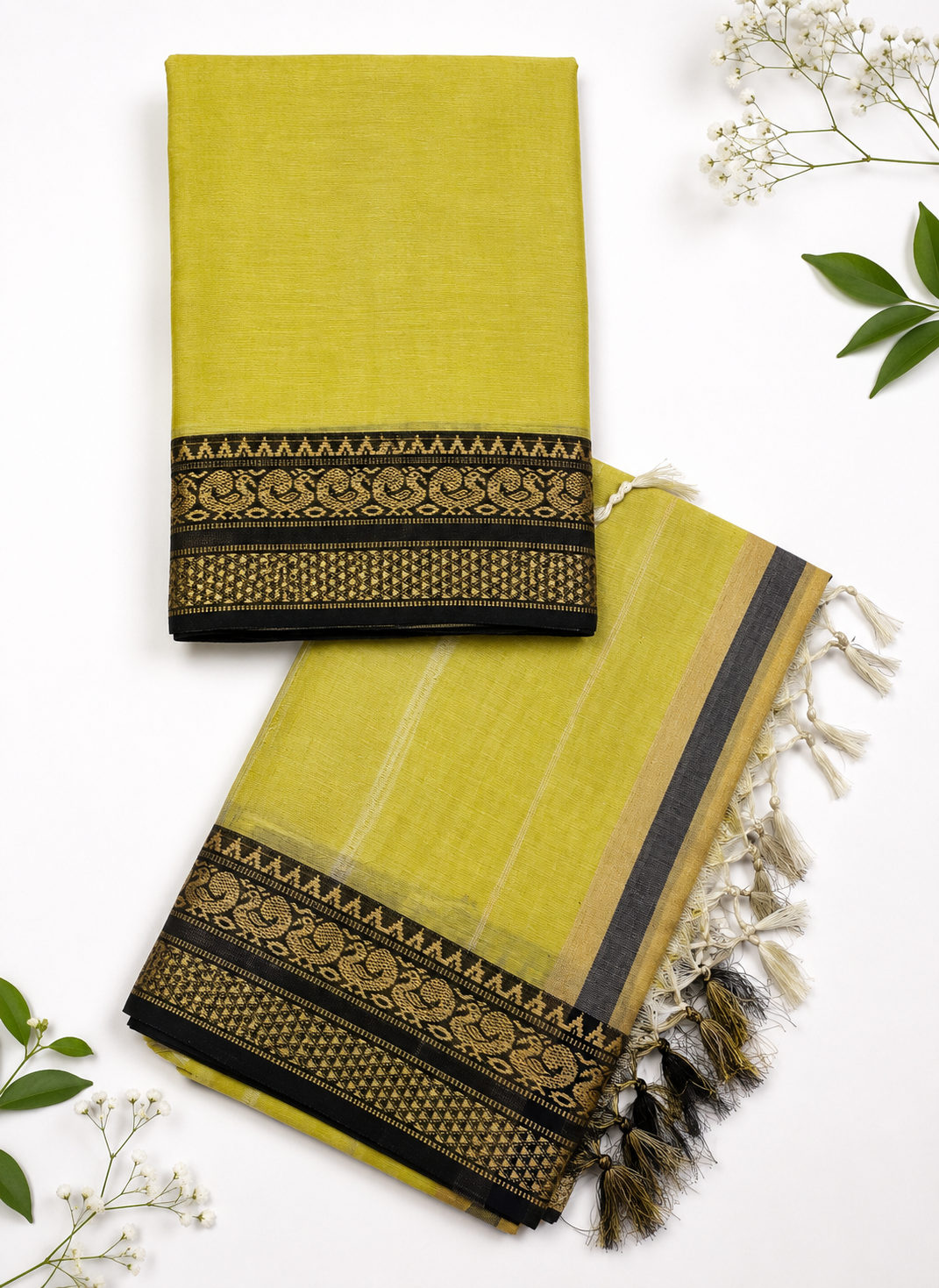 Traditional Wear Narayanpet Mercerised Cotton Dress Material with Lime Yellow Colour | Woven Border