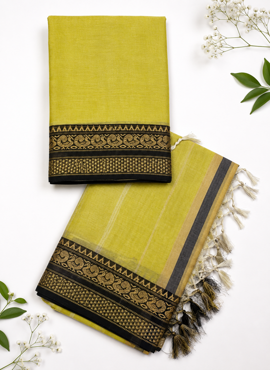 Traditional Wear Narayanpet Mercerised Cotton Dress Material with Lime Yellow Colour | Woven Border