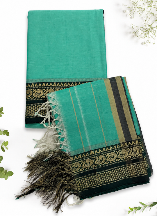 Traditional Wear Narayanpet Mercerised Cotton Dress Material with Turquoise Green Colour | Woven Border