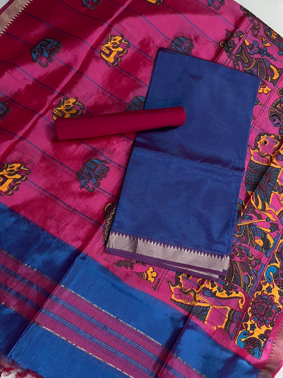 Mangalagiri Semi Pattu Dress Material with Zari Border – Sea Blue Colour