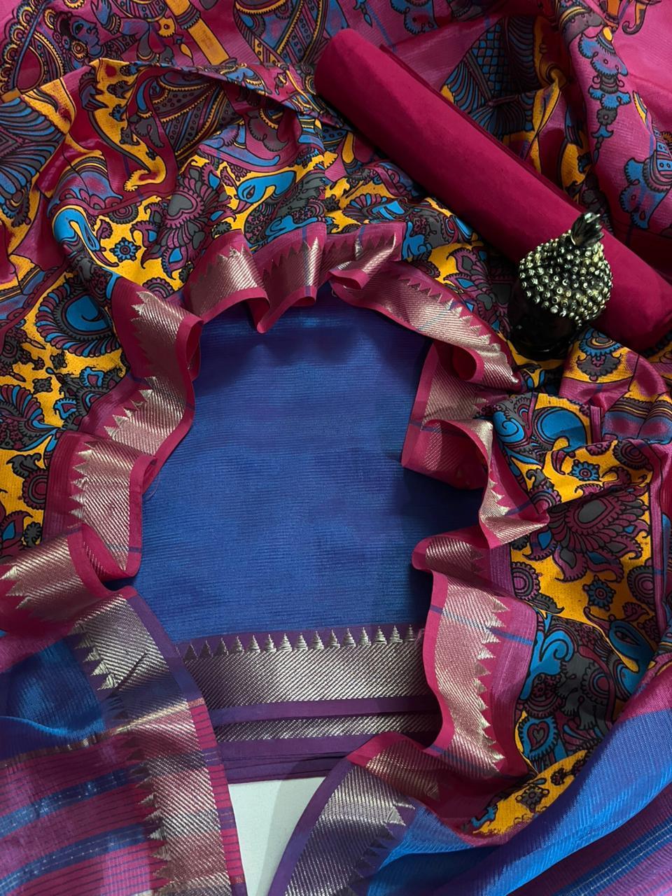 Mangalagiri Semi Pattu Dress Material with Zari Border – Sea Blue Colour