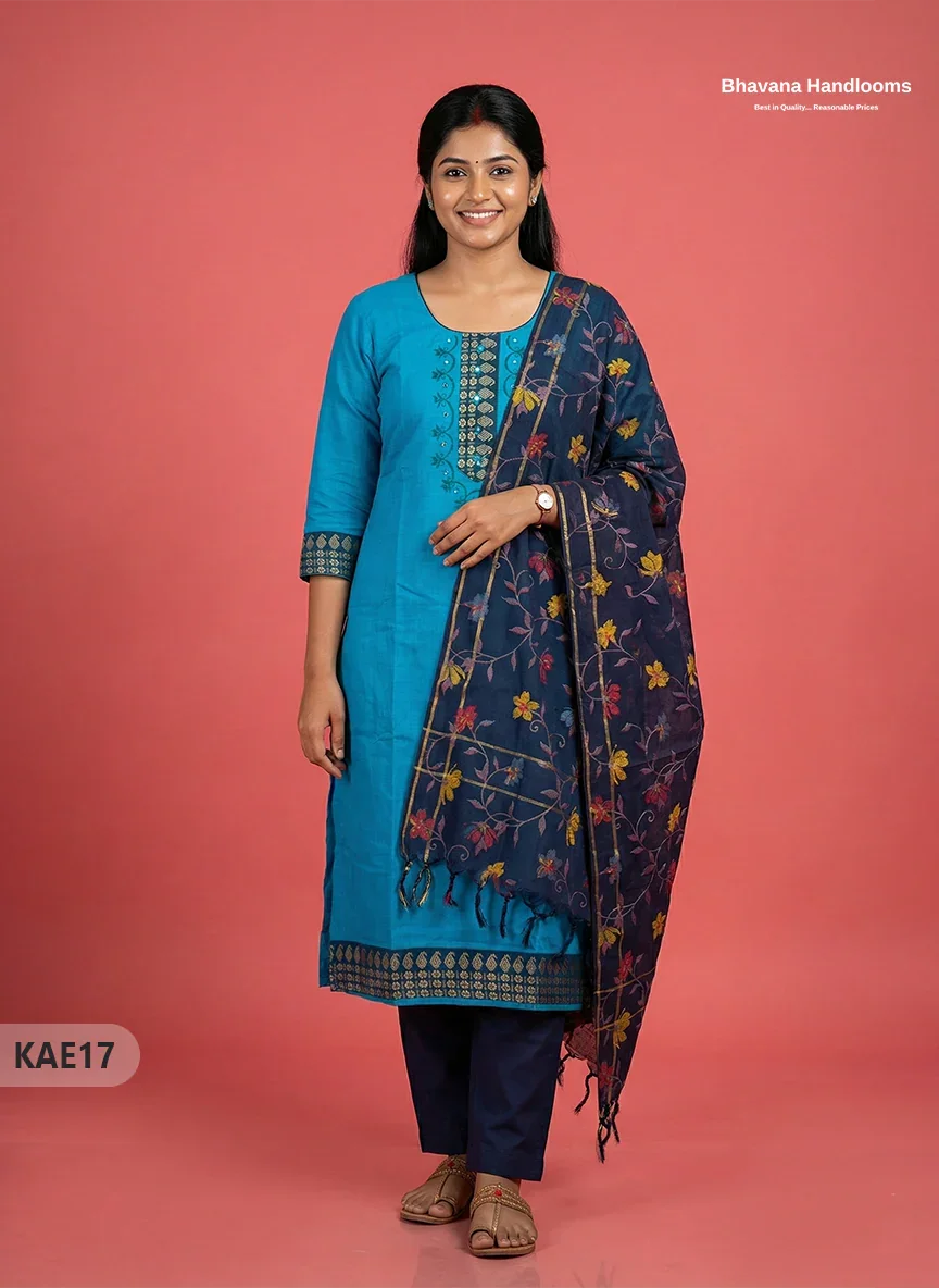 Readymade Mangalagiri Cotton Kurti Set in Blue with Mirror Finishing Design